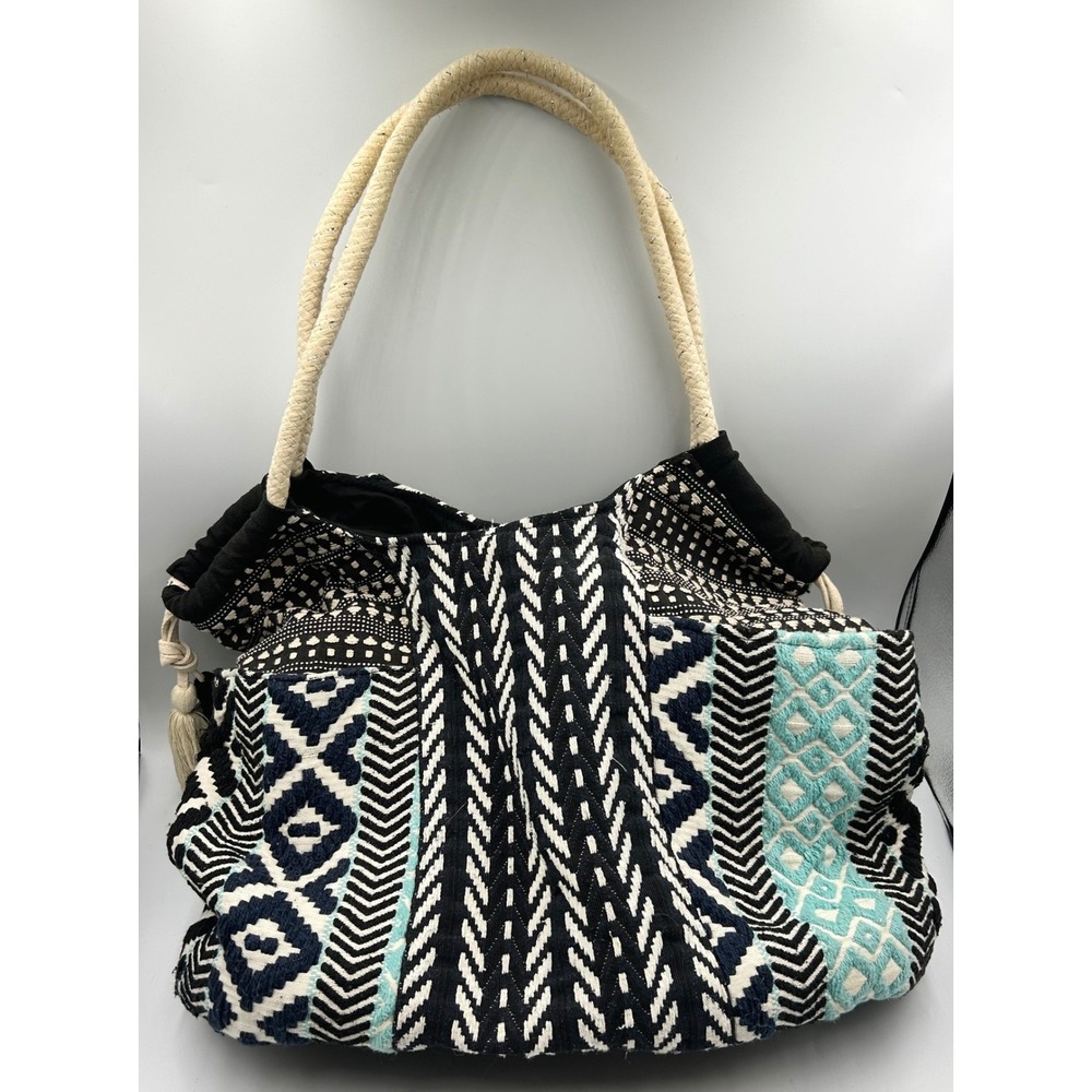 Woven Boho Tote Bag Black White Teal Women Large Tassel EUC 17 W x 16 T x 6 D in
